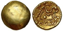 ANCIENT BRITISH Ancient British, Gallic Import, Gallic War Uniface gold Stater, Ambiani, series E, plain obverse, rev. M shaped plain / sinuous horse right, pellet below, crescents and eye motifs abov