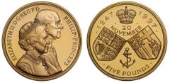 Modern British PF70 UCAM | Elizabeth II (1952 -), gold proof Five Pounds, 1997, struck to celebrate the Golden Wedding of Queen Elizabeth II and Prince Philip, obverse design by Philip Nathan; conjoin