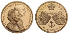 Modern British PF68 UCAM | Elizabeth II (1952 -), gold proof Five Pounds, 1997, struck to celebrate the Golden Wedding of Queen Elizabeth II and Prince Philip, obverse design by Philip Nathan; conjoin