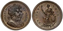 British Milled Base Metal PF63 BN | William and Mary (1688-94), copper pattern Halfpenny, 1694, struck on broad flan, narrow conjoined laureate and cuirassed busts right, legend and full toothed borde