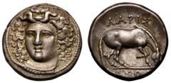 Ancient Coins Thessaly, Larissa, silver Drachm, mid- to late fourth century, facing head of the Nymph Larissa, rev. ΛΑΡΙΣ – ΑΙΩ[Ν], horse standing right, preparing to roll, 6.09g, 9h (cf. BCD Thessaly