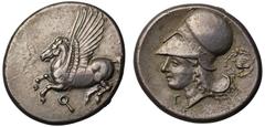 Ancient Coins Corinth, silver Stater, 350/45-285 BC, Pegasus flying left, Ϙ beneath, rev. head of Athena right, in Corinthian helmet, Γ below chin, dove within wreath behind, 8.26g, 7h (Ravel Period V