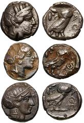 Ancient Coins EMERGENCY ISSUE: Attica, Athens, silver Tetradrachms (3) c. 449-413 BC, fair; and c. 336-297 BC, good very fine; together with silver-plated bronze Tetradrachm, emergency issue, c. 405 B