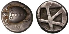 Ancient Coins Islands off Attica, Aigina, silver Stater, c.480-457, turtle with dots forming T on shell, rev. incuse square with windmill pattern, 12.24g (Meadows, Aigina, Group III). Cabinet tone, go
