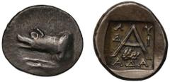 Ancient Coins Argolis, Argos, silver Hemidrachm, c. 80-50 BC, forepart of wolf at bay left, rev. large A surrounded by ΛΥ / Δ-Ι / ΑΔΑΑ, boar's head below, 2.43g, 5h (BCD Peloponnesos 1174 this reverse