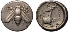 Ancient Coins Ionia Ephesos, silver Tetradrachm, c. 390-325 BC, Ε-Φ, bee with straight wings, rev. ΘPAΣYMHΔHΣ, magistrate, forepart of stag right, head turned back, palm tree in left field, 15.11g, 12