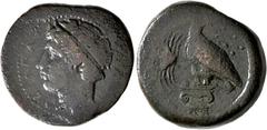 ANCIENT COINS GREEK COINS SICILY. AGRIGENTUM (AKRAGAS). Hemitron circa 400-380 BC. Diademed and horned head of the river-god Akragas left // Eagle standing left, with head reverted, on Ionic capital; 