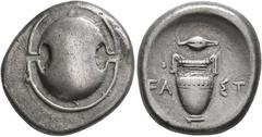 ANCIENT COINS GREEK COINS GREECE. BEOTIA. THEBES. Stater circa 395-338 BC. Boeotian shield // Amphora; above, grain. All within incuse concave circle. BCD Boiotia 494; Hepworth 36. 11.99 g. Very fine 