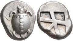ANCIENT COINS GREEK COINS GREECE. AEGINA. Stater circa 480 BC. Sea turtle seen from above // Large skew pattern. Boston 1111; Traité 1036 and pl. XXX, 18; Dewing 1674; Millbank 15. 12.35 g. High relie