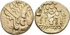 ANCIENT COINS CELTIC COINS BRITAIN. Durotriges. Gold Stater nd. (circa 65 BC-AD 45). Durotrigan E, Abstract (Cranborne Chase) type. Devolved head of Apollo right // Disjointed horse left; pellets abov