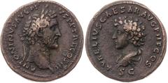 Roman coins Antonin le Pieux - Sesterce (Rome) A/ ANTONINVS AVG PI-VS P P TR P COS III R/ AVRELIVS CAESAR AVG PII F COS/ S C Bronze - 28,22 grs - 34 mm C.37 / RIC.1215 / BMC.1215 TTB Bel exemplaire av