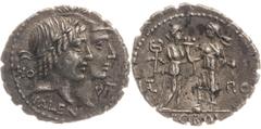 Roman coins Fufia - Denier Serratus A/ Têtes accolées à droite d'Honos et Virtus. R/ L'Italie à gauche et Rome à droite. Argent - 3,87 grs - 19 mm RSC.1 / RCV.338 SUP R Assez rare et superbe denier av