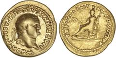 Monnaies romaines Titus - Aureus (Rome) A/ IMP TITVS CAES VESPASIAN AVG P M / Tête de Titus à droite. R/ TR P VIIII IMP XIIII COS VII P P / Cérès assise à gauche tenant des épis de blé de la main droi