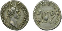 ROME - Empire NERVA. Denario. Acuñada el 97 dC. Anv: IMP. NERVA CAES. AVG. P. M. TR.POT. Cabeza laureada de Nerva a derecha. Rev.: COS.III. PATER PATRIAE. Símpulo, aspersorio, vaso de sacrificio y bas