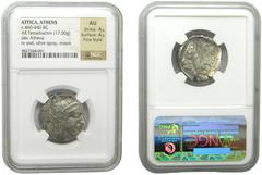 Greek Atenas (Grecia). 460-440 a.C. Tetradracma. A/ Busto de Atenea a derecha. R/ Lechuza en pie de frente, detrás rama de olivo. NGC AU Strike 4/5 Surface 4/5. Ar. 17 g. AU