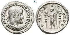 Roman Imperial Maximinus I Thrax AD 235-238. Rome Denarius AR 18mm., 4,21g. MAXIMINVS PIVS AVG GERM, laureate, draped, and cuirassed bust right / P M TR P [I]I COS P P, Maximinus standing left between