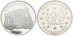 Welt Frankreich 100 Francs (15 Ecu), 1995. Parthenon auf der Akropolis in Athen, 900er Silber, Echtheitszertifikat 22,19 g Schön 450, KM 1141 PP