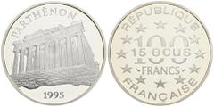 Münzen und Medaillen Welt Frankreich Frankreich. 100 Francs (15 Ecu), 1995. Parthenon auf der Akropolis in Athen, 900er Silber, Echtheitszertifikat 22,19 g Schön 450, KM 1141 PP
