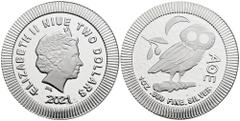 Münzen und Medaillen Welt Niue, Elizabeth II. Niue. 2 Dollars, 2021. Eule von Athen, 1 Unze 999er Silber 31,29 g stfr