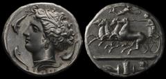ANCIENT COINS GREEK Sicily, Syracuse, Dionysius 405-367BC cast 'Dekadrachm of Kimon' (37mm, 31.19g). Charioteer driving galloping quadriga left Nike flying above, rev Head of Arethousa left, 4 swimmin
