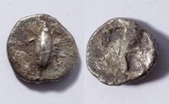 ANCIENT COINS GREEK Thrace, Cherronessos 400-350BC AR Hemi-drachm (2.4g) Fore-part of lion right looking back rev Quadripartite in case square S-1602. Mysia, Kyzikos 600-550BC AR Obol Tunny fish rev Q