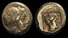 ANCIENT COINS GREEK Lesbos, Mytilene, c377-326BC Electrum Hekte or Sixth Stater (2.5g). Head of Apollo right, rev Head of female right with linear square cf S-4250, Bodenstedt EM.95. EF scarce. (P)