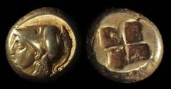 ANCIENT COINS GREEK Ionia, Phokaia c387-326BC Electrum Hekte or sixth Stater (2.6g). Head of Athena left wearing crested Corinthian helmet decorated with serpent rev. Quadripartite incuse square cf S-