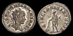 ANCIENT COINS ROMAN Herennius Etruscus early summer 251AD Antoninianus. Rome 250-51AD. Radiate & draped bust right, rev Herennius Etruscus in military attire standing left holding baton & transverse s