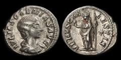 ANCIENT COINS ROMAN Julia Soaemias AR Denarius (3.18g) Rome struck under Elagabalus 220AD. Draped bust right, rev Venus standing left holding apple & sceptre, star in right field. gVF. Cf S-7719, RSC 