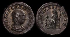 ANCIENT COINS ROMAN Julia Soaemias AR Denarius (3.32g) Rome struck under Elagabalus 220AD. Draped bust right, rev Venus enthroned left holding apple & sceptre, child standing right at her feet. Toned 