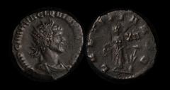 ANCIENT COINS ROMAN Quintillus 270AD Billon Antoninianus (2.6g) Rome mint. Radiate, draped & cuirassed bust right, rev Laetitis standing left holding wreath & anchor set on globe, officina XXII in rig