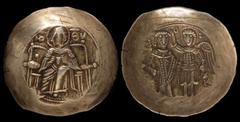 ANCIENT COINS BYZANTINE Isaac II, Angelus 1185-1195AD Electrum aspron trachy (3.0g) Constantinople. The virgin enthroned facing rev Isaac & Archangel Michael standing facing. S-2002. Light old-time gr