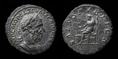 Roman Imperial Macrinus (217-218), AR denarius, Issued 217 CE. Rome, 2.39g, 18.5mm. Obv: Laureate and cuirassed bust right. Rev: Salus seated left, holding scepter, feeding serpent rising from an alta
