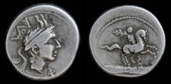 Roman Republican and Imperatorial L. Philippus, AR denarius, issued 113-112 BCE. Rome, 3.85g, 19mm. Obv: Head of Philip V of Macedon right, wearing helmet decorated with goats' horns Rev: Equestrian s