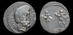 Roman Republican and Imperatorial L. Titurius L.f. Sabinus, 89 BCE, AR denarius. Rome, 3.87g, 17mm. Obv: SABIN A•PV; Bareheaded and bearded head right of the Sabine king Tatius; [palm frond below chin