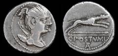 Roman Republican and Imperatorial C. Postumius, AR denarius, issued 73 BCE. Rome, 3.66g, 18mm. Obv: Draped bust of Diana right, quiver and bow over shoulder Rev: Hound running right, spear below, C • 