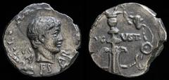 Roman Imperial Augustus (27 BCE-14 CE), AR Denarius, issued c. 17 BCE. Rome, 3.50g, 16mm. Obv: Youthful, bare head right (the young Augustus? Gaius Caesar? Iulus?) within oak wreath Rev: Symbols of th