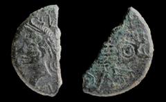 Roman Imperial GAUL, Nemausus: Augustus, with Agrippa (27 BCE-14 CE), AE As (halved dupondius); issued c. 20 BCE-3 BCE. 5.22g, 12x23mm. Obv: IM[P DIVI F], Head of Agrippa, wearing combined rostral cro