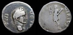 Roman Imperial Galba. AD 68-69. AR Denarius, issued c. April-late 68. Spanish mint (Tarraco?), 3.51g, 17mm. Obv: GALBA IMP Laureate bust right, [globe at point of bust] Rev: VIRTVS, Virtus standing le