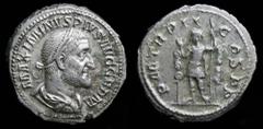 Roman Imperial Maximinus I ‘Thrax’ (235-238) AR denarius, issued 236. Rome, 3.90g, 20mm. Obv: MAXIMINVS PIVS AVG GERM, laureate, draped, and cuirassed bust right Rev: P M TR P II COS P P, Maximinus st