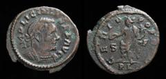 Roman Imperial Licinius I (308-324 AE Follis, issued 314. London, 3.04g, 21mm. Obv: IMP LICINIVS P F AVG, laureate and cuirassed bust right Rev: GENIO POP ROM, Genius standing left, holding patera in 