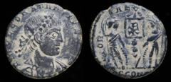 Roman Imperial Constantius II as Caesar (324-337), AE4, issued 336. Arles, 2nd officina, 1.21g, 14mm. Obv: FL IVL CONSTANTIUS NOB C; Laureate, draped, and cuirassed bust right Rev: GLORIA EXERCITVS; T