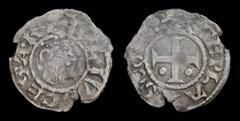 Medieval Europe FRANCE, Sancerre: Etienne (Stephen) I (1152-1191), AR denier. 0.8g, 20mm. Obv: IVLIVS CESAR, Mitred and bearded head of Julius Caesar right Rev: STEPANVS COMES, Short cross pattée; pel