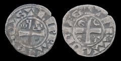 Medieval Europe FRANCE, Champagne: Thibaut IV (1201-53), AR Denier. Provins mint, 1.00g, 19mm. Obv: CASTRI PRVVINS; Comb, surmounted by a castle Rev: +TEBAT COMES; Cross pattee, omega in the first qua