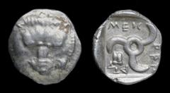 Persian / Parthian / Sasanian etc. DYNASTS of LYCIA: Mithrapata (c. 390-370), AR Sixth Stater (Diobol). 1.09g, 12.6mm. Obv: Lion scalp facing. Rev: Triskeles; astragalos in one section, legend around;