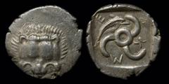 Greek DYNASTS of LYCIA: Mithrapata (c. 390-370), AR Sixth Stater (Diobol). 1.2g, 13.6mm. Obv: Lion scalp facing. Rev: Triskeles; dolphin in one section, legend around; all within incuse square. Müsele