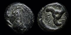 Greek DYNASTS OF LYCIA: Perikles (c. 380-360 BCE) AE10. 1.45g, 10mm. Obv: Forepart ibex left. Rev: 𐊓𐊁-𐊕𐊆-𐊋𐊍 ('Perikle' in Lycian), Triskeles. Müseler VIII, 56. SNG von Aulock 42454/4262. From th