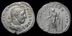 Roman Imperial Elagalabus (218-222) AR Denarius, issued 221. Rome, 2.84g, 19mm. Obv: IMP ANTONINVS PIVS AVG; draped and “horned” bust right Rev: Rev. emperor standing left, sacrificing over altar, sta
