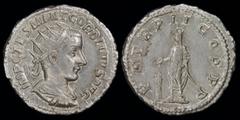 Roman Imperial Gordian III (238-244) AR antoninianus, issued 240. Rome, 4.46g, 22mm. Obv: IMP CAES M ANT GORDIANVS AVG; Radiate, draped, and cuirassed bust right. Rev: P M TR P II COS P P; Gordian sta