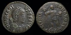 Roman Imperial Arcadius (395-408), AE2, issued 393-5.  Constantinople, 5.81g, 20.5mm. Obv: D N ARCADIVS P F AVG; Pearl-diademed & draped bust right. Rev: GLORIA ROMANORVM; Emperor standing facing, hea